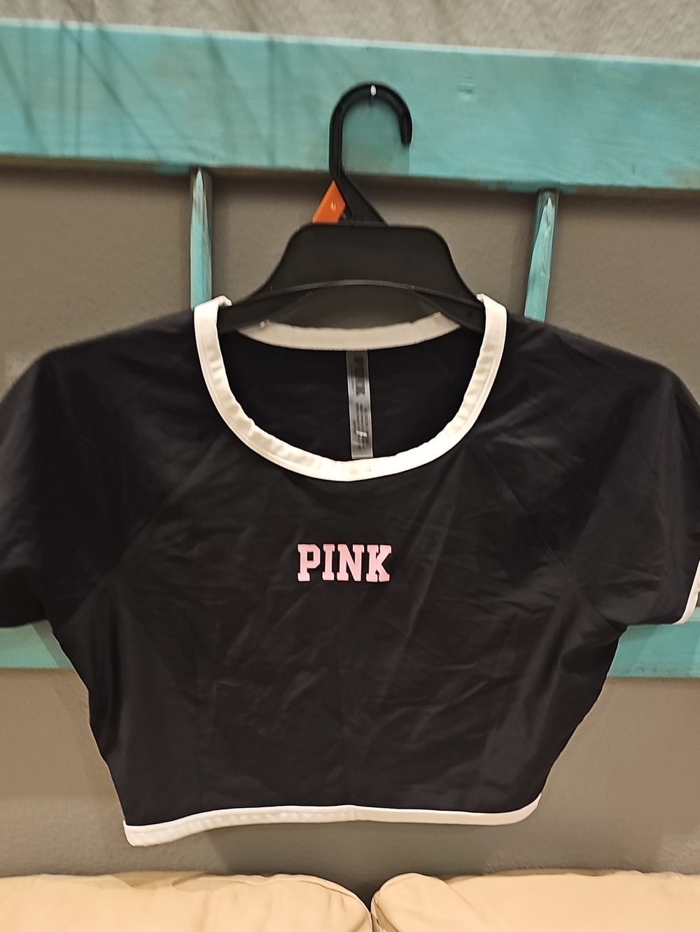 NWOT PINK Victoria's Secret Black Crop Top with Pink Logo and White Trim
